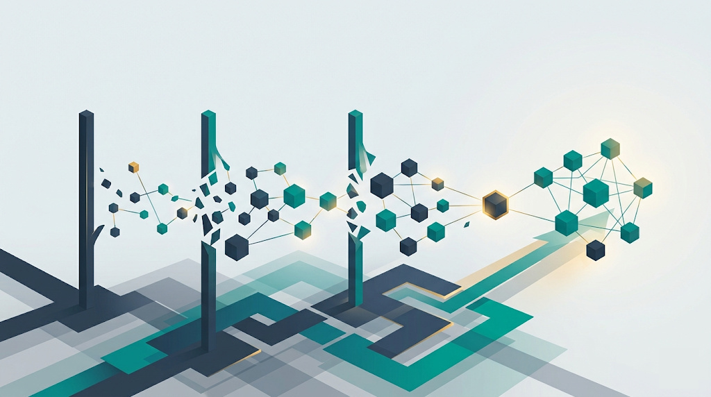 Abstract geometric visualisation of three rigid governance poles dissolving into clustered nodes, one highlighted node breaking into a growth-oriented group, in navy and teal.