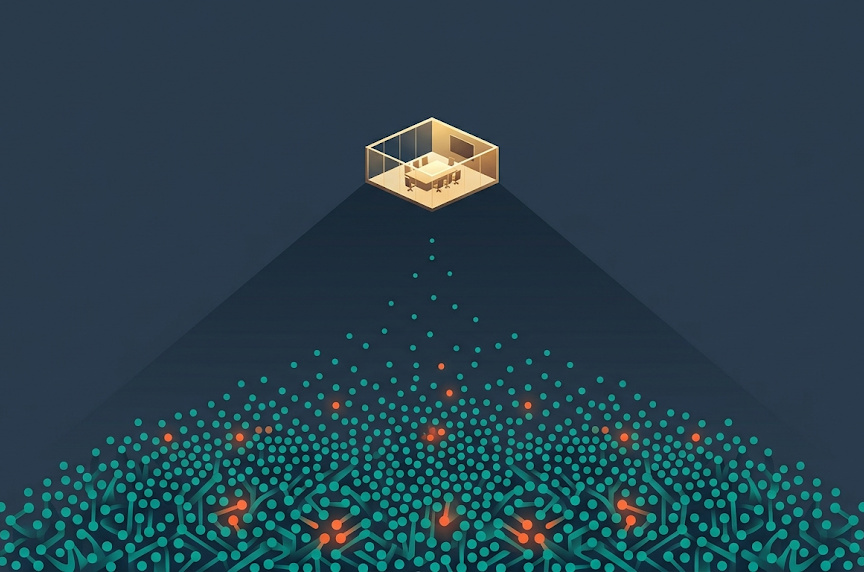 Geometric scene of a small lit boardroom structure casting a wide shadow filled with glowing nodes representing hidden, employee-led AI use
