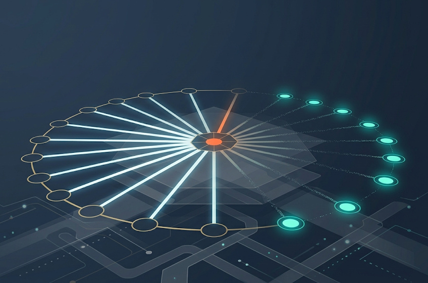 Abstract network with a central hub whose bright connecting spokes dissolve on one side as the surrounding nodes light up and become self-sufficient.