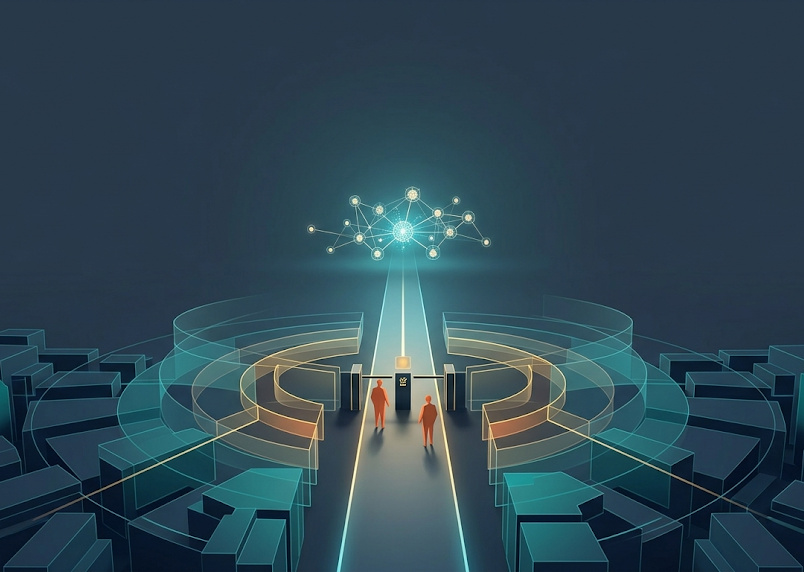 Abstract geometric checkpoint gating a glowing pathway to advanced AI, with figures inside controlling who passes