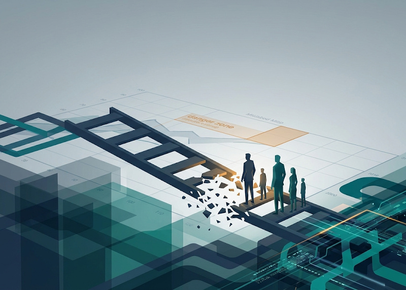 Abstract geometric career ladder with its lowest rungs dissolving, in navy and teal, representing AI removing entry-level work