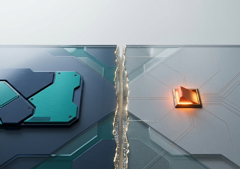 Abstract composition of a locked navy and teal control panel dormant beside a glowing orange switch across a dividing seam