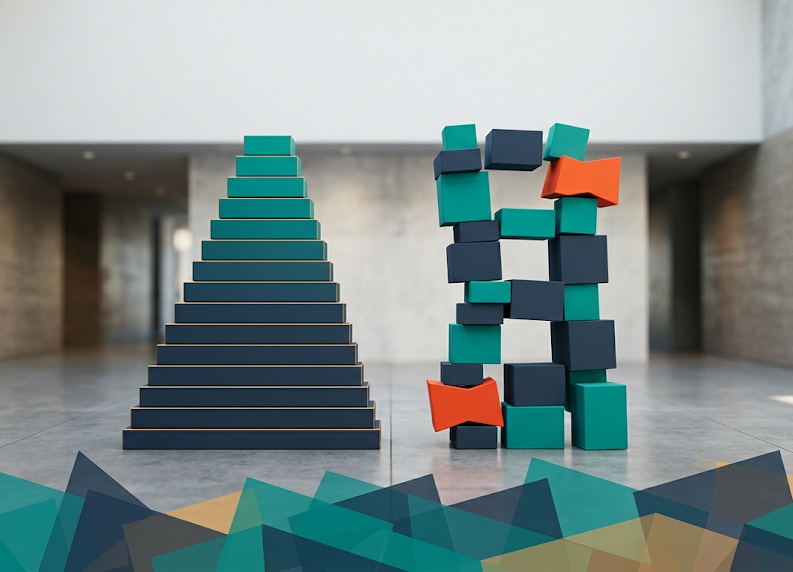 An ordered teal and navy stepped pyramid beside an unstable stack of scattered blocks with orange gaps, in a concrete atrium