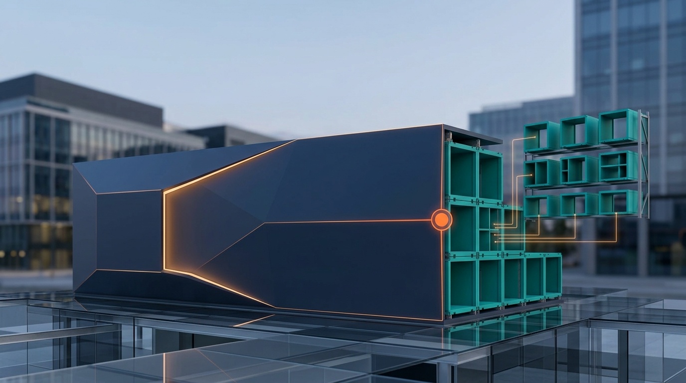 Sleek navy building whose cutaway reveals it was assembled from prefabricated teal modules fed by an external rack