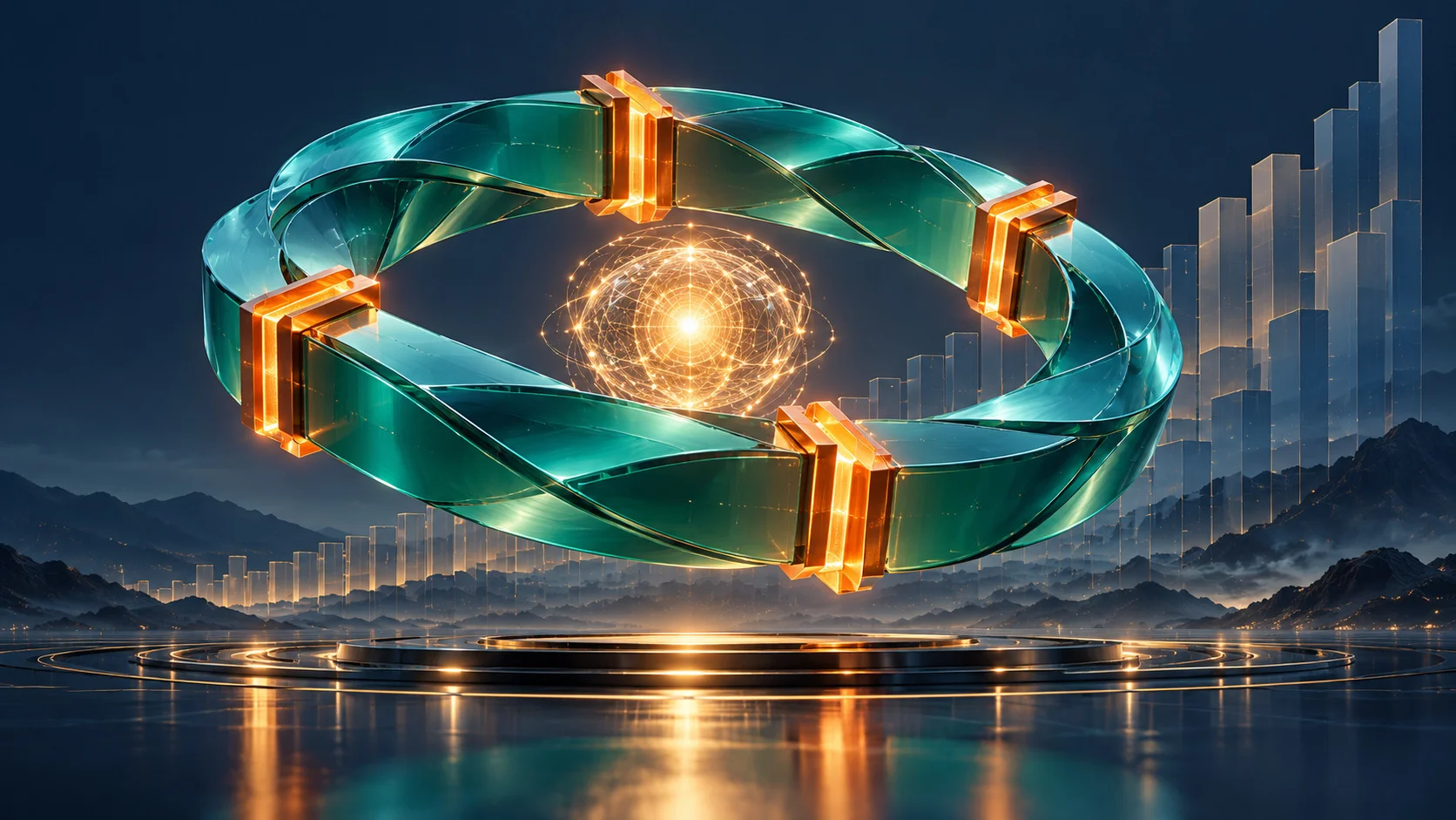 A teal ribbon loop circles a glowing core, cut by four orange gates, with translucent bars rising over a dark navy skyline