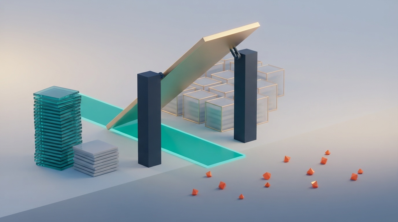 A gold slab raised open between two navy pillars over a teal path, a tall teal tile stack beside a short grey one, orange shards nearby